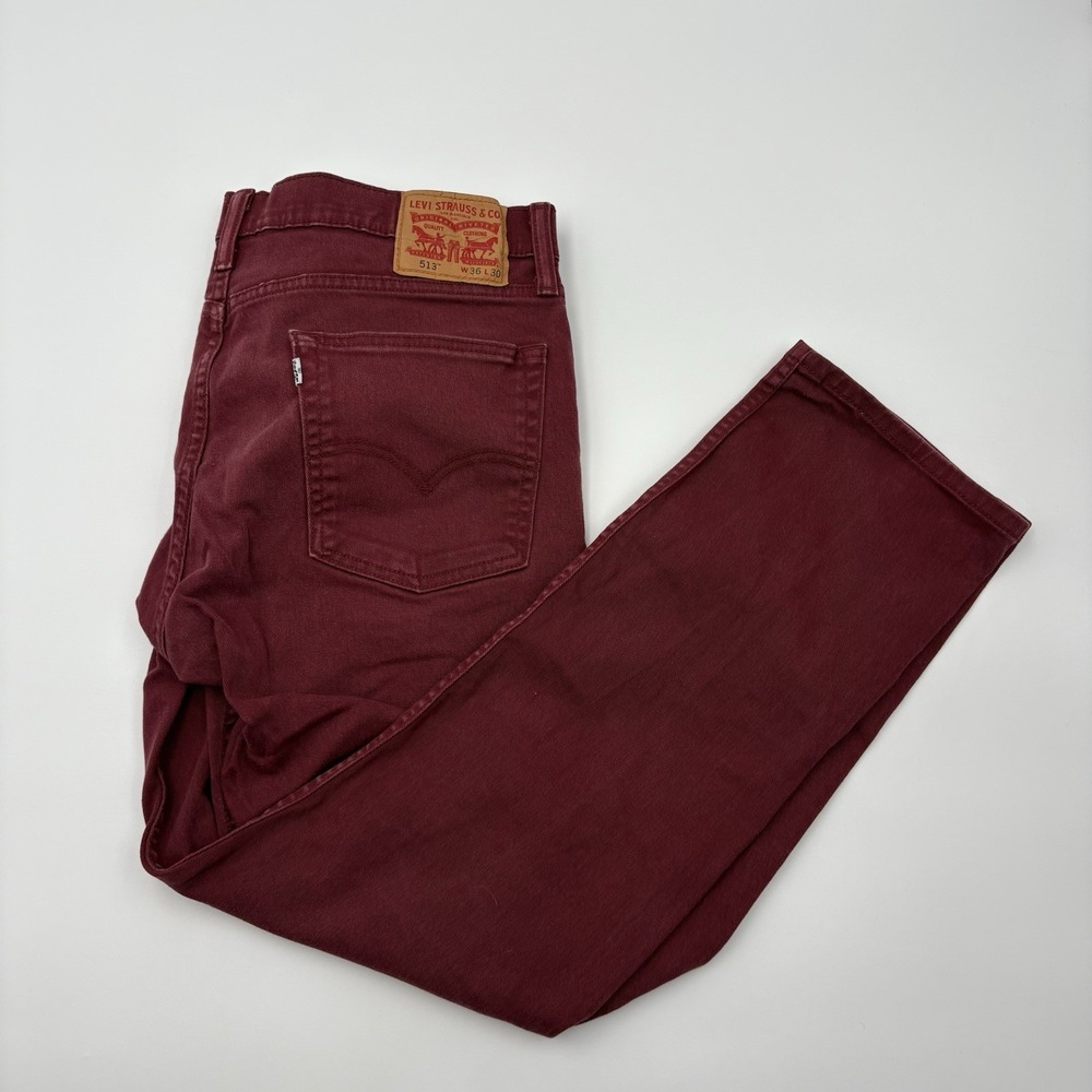 Levi's 513 Slim Straight Jeans Mens 36x30 Maroon Burgundy Stretch Denim Pants
